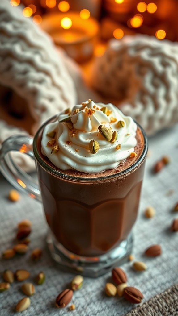 A decadent cup of Dubai hot chocolate topped with whipped cream and crushed pistachios.
